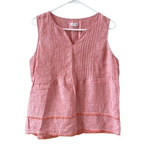 GARNET HILL 100% LINEN SLEEVELESS V-NECK TOP BLOUSE CORAL FRINGE 12